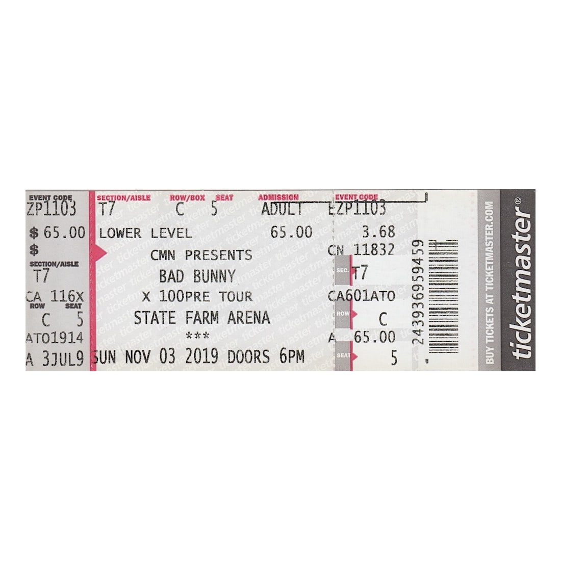 Bad Bunny - 2019 Vintage Concert Ticket: BAD BUNNY (Puerto Rican Rapper) Original 2019 unused Concert Ticket featuring Bad Bunny. Venue: State Farm Arena, Atlanta, GA. Dated: November 3, 2019. Includes COA. Dimensions: 5 5/8 inches by 2 inch