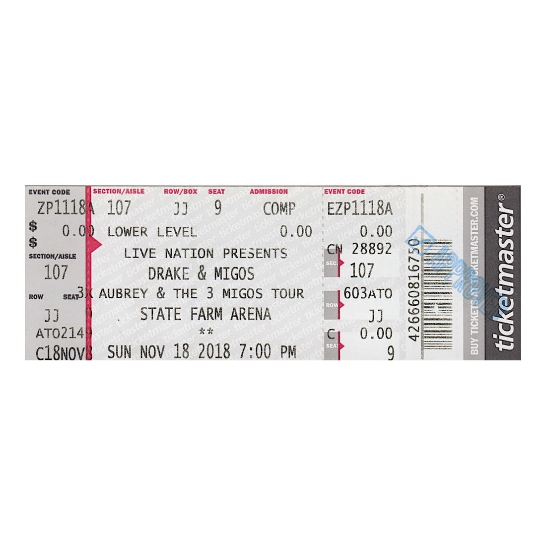 Drake - 2018 Vintage Concert Ticket: DRAKE (Canadian Singer & Rapper) Original 2018 unused Concert Ticket featuring Drake and Migos. Venue: State Farm Arena, Atlanta, GA. Dated: November 18, 2018. Includes COA. Dimensions: 5 5/8 inches b