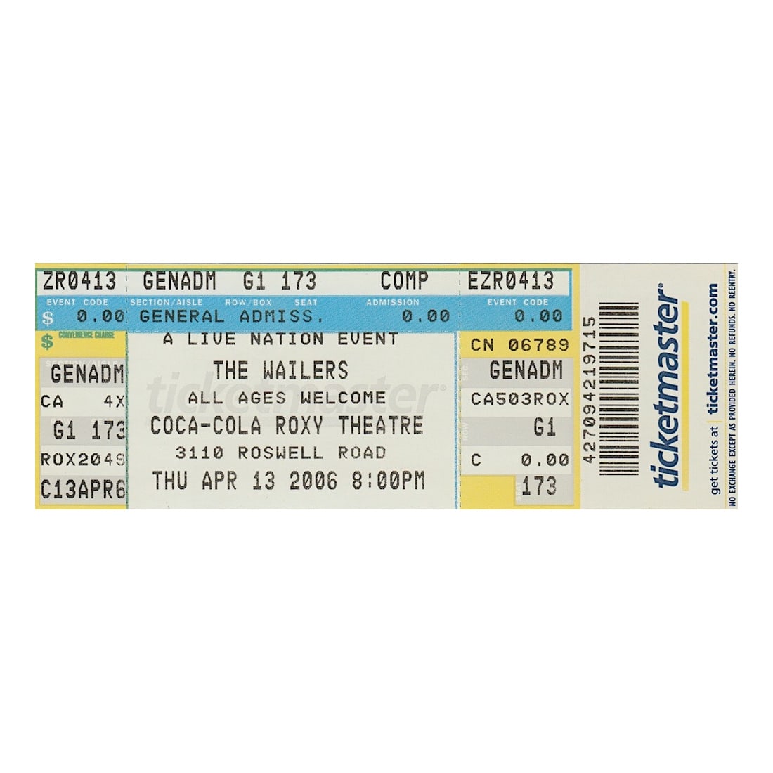The Wailers - 2006 Vintage Concert Ticket: THE WAILERS (Jamaican Reggae Band) Original 2006 unused Concert Ticket featuring The Wailers. Venue: Coca-Cola Roxy Theatre, Atlanta, GA. Dated: April 13, 2006.? Includes COA. Dimensions: 5 5/8 inches