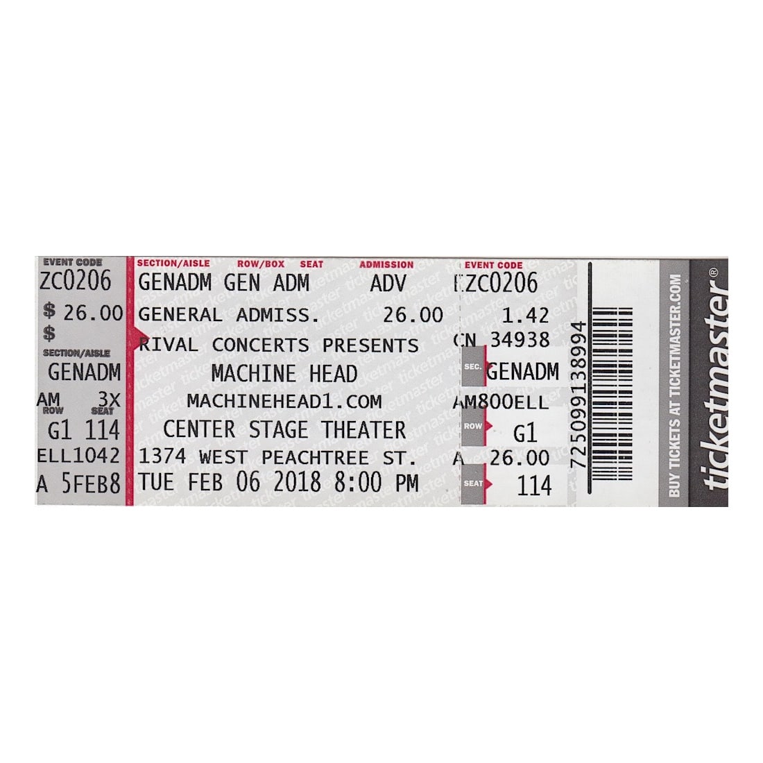 Machine Head - 2018 Vintage Concert Ticket: MACHINE HEAD (American Heavy Metal Band)? Original 2018 unused Concert Ticket featuring Machine Head. Venue: Center Stage Theater, Atlanta, GA. Dated: February 6, 2018.? Includes COA. Dimensions: 5 5/