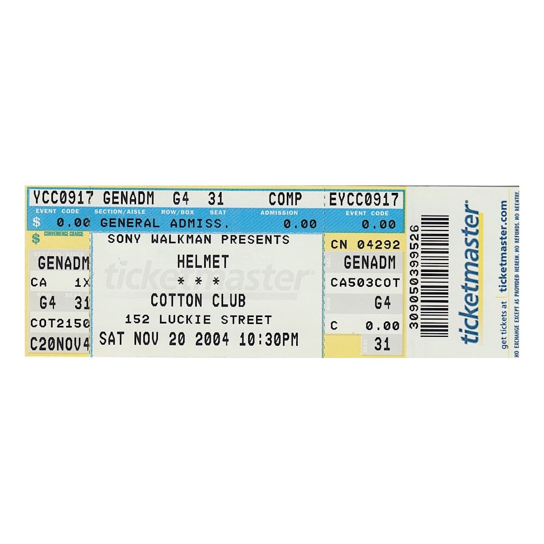 Helmet - 2004 Vintage Concert Ticket: HELMET (American alternative Metal Band) Original 2004 unused Concert Ticket featuring Helmet. Venue: Cotton Club, Atlanta, GA. Dated: November 20, 2004. Includes COA. Dimensions: 5 5/8 inches by 2 in