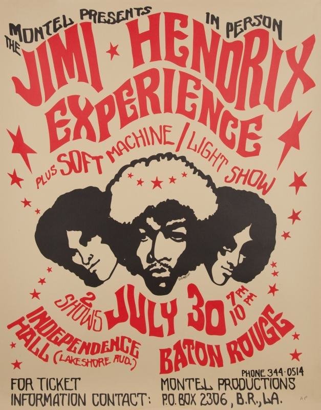 Jimi Hendrix Experience Poster Baton Rouge, LA 1968: Jimi Hendrix Experience Artist Proof Silkscreen Poster Independence Hall, Baton Rouge, LA Date: July 30th, 1968 Excellent Condition on heavy stock Dimensions: 28" by 22"