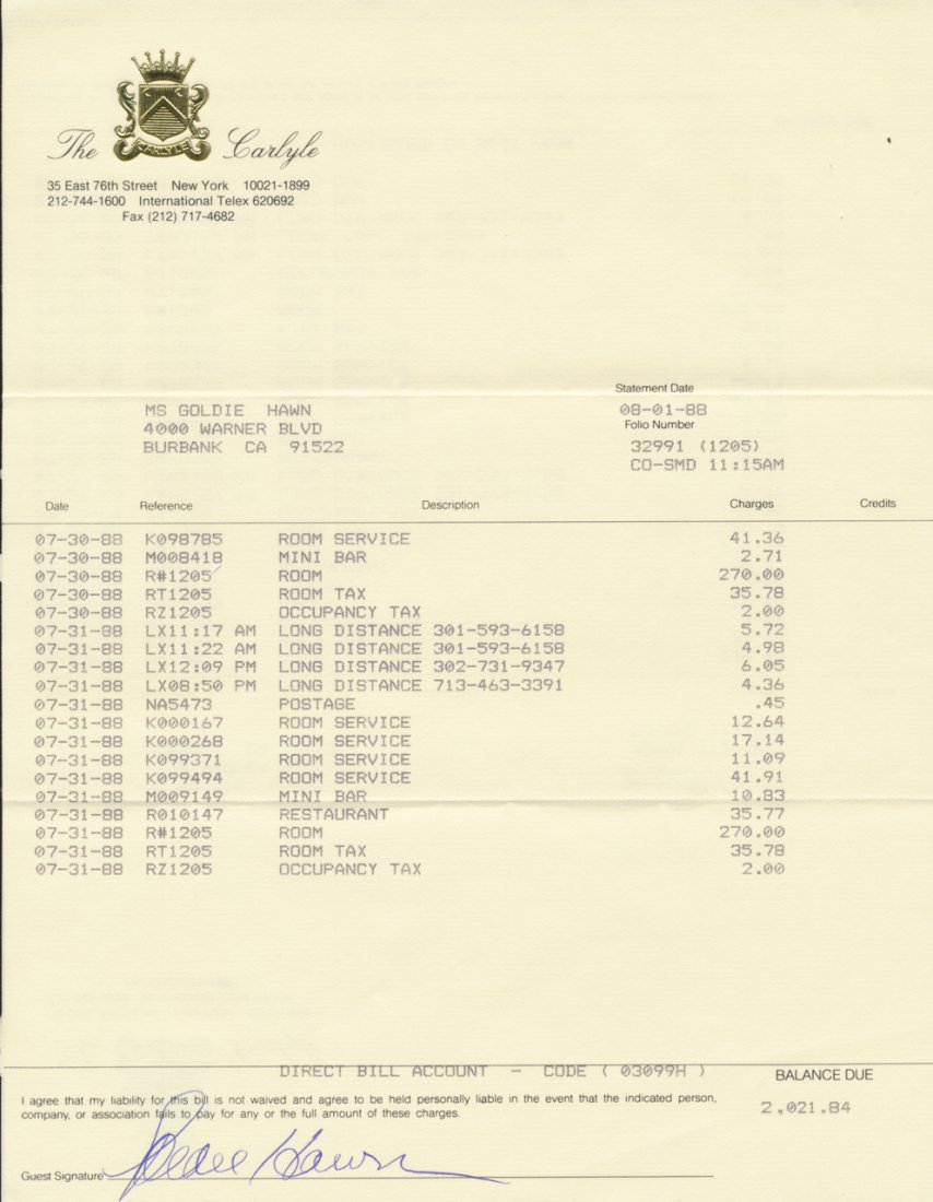 Goldie Hawn Signed Hotel Folio