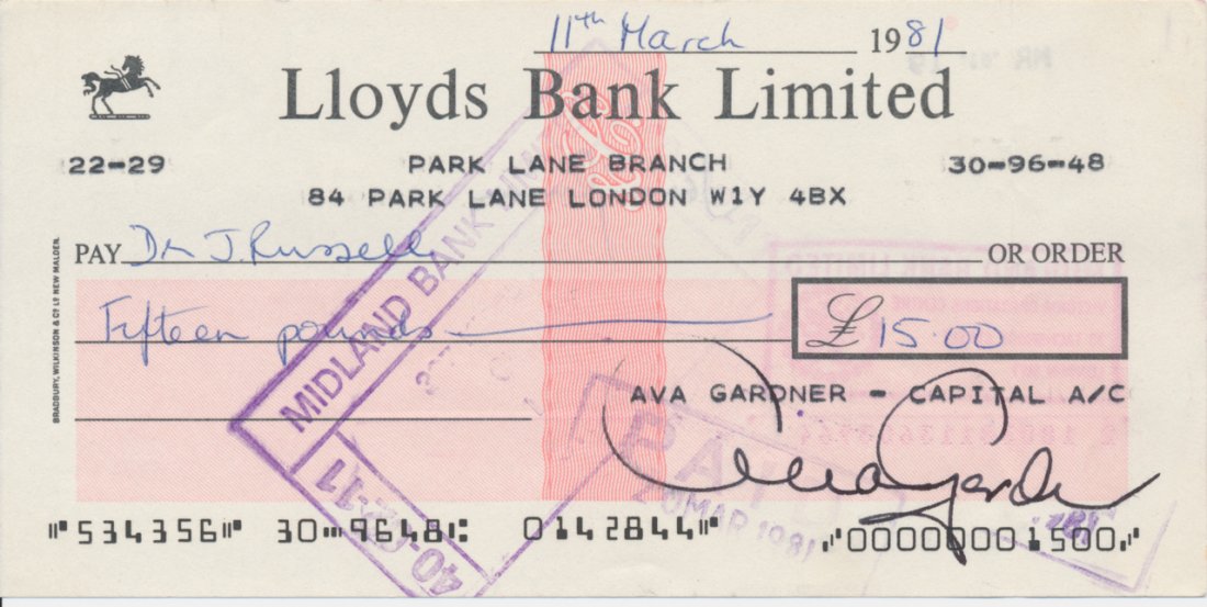 Ava Gardner 1981 Signed Check: Ava Gardner Signed Lloyds Check payable to Dr. J Russell Dated: March 11th, 1981 Includes COA Excellent Condition Dimensions: 6" by 3"