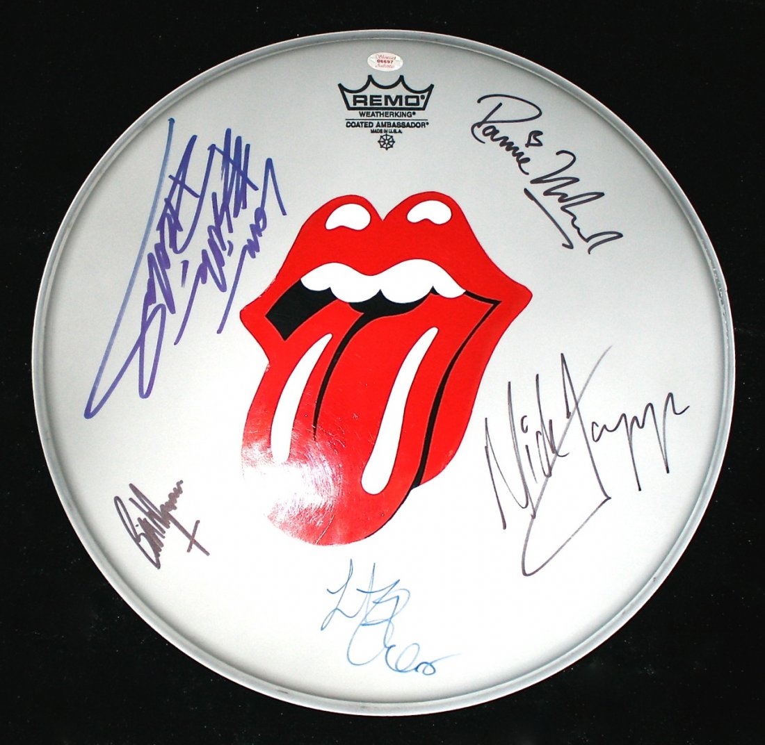 The Rolling Stones Autographed Drum Skin: The Rolling Stones Autographed Drum Skin Signed by Mick Jagger, Keith Richards, Charlie Watts, Bill Wyman, And Ron Wood Excellent Condition From The Estate of Jim Barbour Jr. Includes COA Dimensions: 