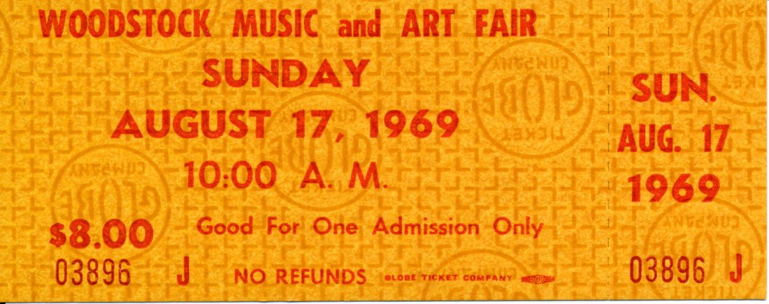 Woodstock $8.00 Ticket Sunday August 17, 1969: Original $8.00 Sunday August 17, 1969 Woodstock Ticket Jimi Hendrix Performance Includes COA Near Mint Condition Dimensions: Approx. 5 inches by 2 inches