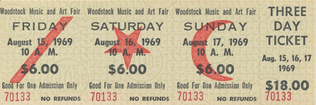 Woodstock Festival $18.00 Three Day Ticket: Original Three Day August 15, 16, & 17th, 1969 Woodstock Ticket Includes COA Near Mint Condition Dimensions: Approx. 6 inches by 2 inches