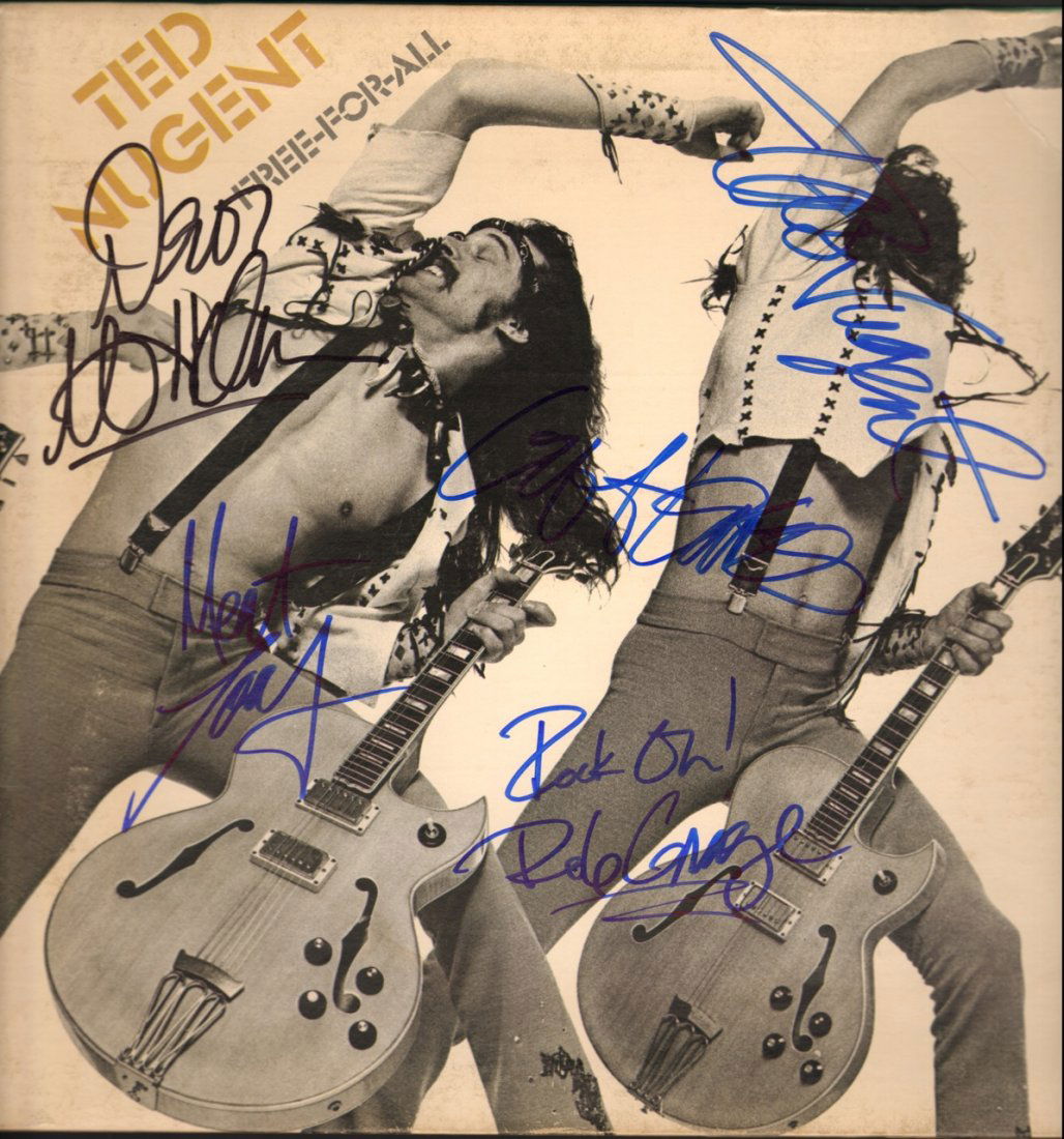 Ted Nugent Autographed "Free-For-All" LP: Ted Nugent Autographed "Free-For-All" LP Signed in blue felt tip pen: Ted Nugent, Meat Loaf, Cliff Davies and Rob Grange Signed in black felt tip pen: Derek St Holmes Excellent Condition From The Esta