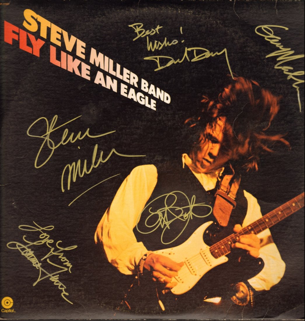 Steve Miller Band Autographed LP: Steve Miller Band Autographed "Fly Like An Eagle" LP Signed in gold felt tip pen: Steve Miller, David Denny, Gerald Johnson, Lonnie Turner, and Gary Mallaber Excellent Condition From The Estate of Jim