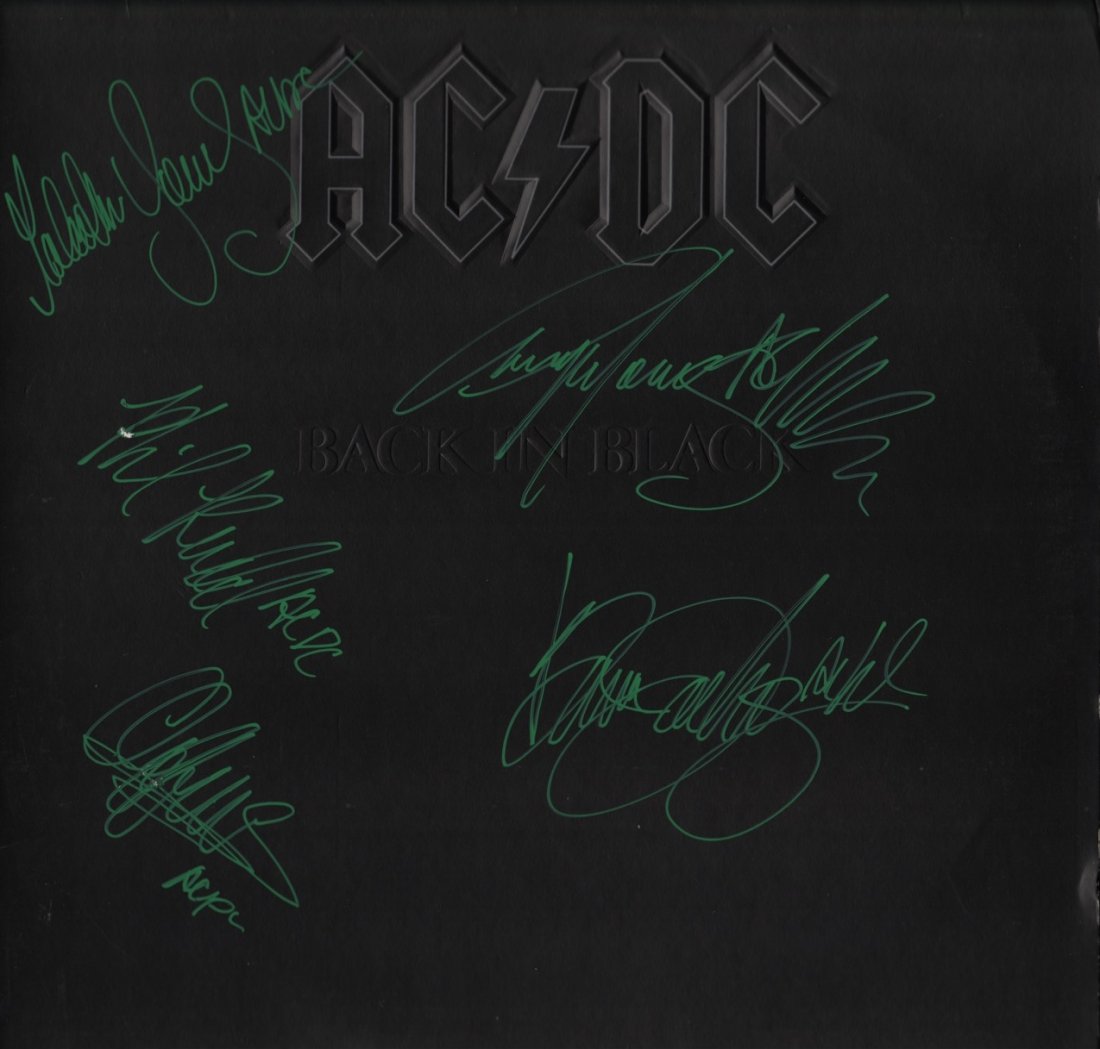 AC/DC "Back In Black" Autographed LP: AC/DC Autographed "Back In Black" LP Signed by Brian Johnson, Angus Young, Malcolm Young, Cliff Williams and Phil Rudd Excellent Condition From The Estate of Jim Barbour Jr. Includes COA Dimensions: 1