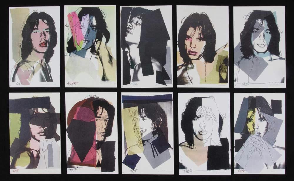 Andy Warhol / Mick Jagger Postcard Suite: ANDY WARHOL (American, 1928-1987) Collection of 10 postcard sized litho prints of Mick Jagger by Andy Warhol These postcards were accompanied by invitations to the Warhol exhibition Mick Jagger, 1975,