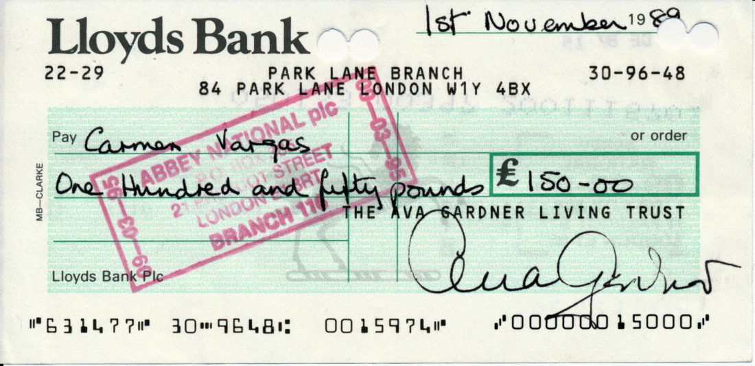 Ava Gardner 1989 Signed Check: Ava Gardner Signed Lloyds Check payable to Carman Vargas Dated: November 1st, 1989 Includes COA Excellent Condition Dimensions: 6 inches by 3 inches