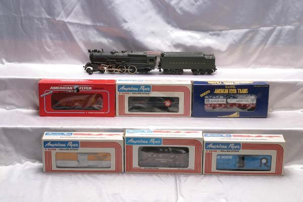 American Flyer Locomotive/Freight Cars PRR 4-6-2: PRR 4-6-2 steam locomotive (custom painted over 310 loco), 9101 Union Oil tank car, 9701 RI boxcar, 48301 D&RGW boxcar, 48333 BAR "State of Maine" boxcar, 48609 D&H covered hopper, 48705 PRR caboose.