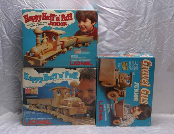 Lionel Train Sets 1100 Happy Huff 'N Puff set, 13: 1100 Happy Huff 'N Puff set, 1300 Gravel Gus Junior set, 1400 Happy Huff 'N Puff Junior set. Item Quality: Q1 Box Quality: B2