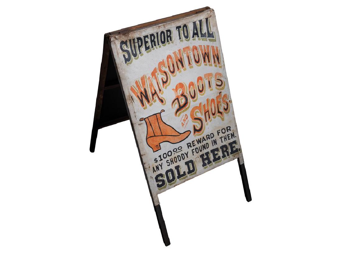 Watsontown Boots and Shoes A-Frame Sign: Watsontown Boots and Shoes A-Frame Sign 20 in. × 36 in.Grade: 7Shipping Class: 5F Check back soon for complete catalogue description.
