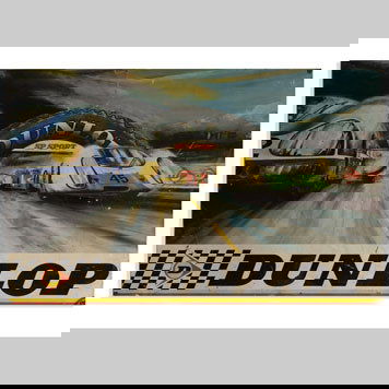 1335- DUNLOP TIRES SIGN: Tin; 32x20 inches.This extremely rare example features a dynamic, colorful graphic of race cars at Le Mans, seen from track level. Surface shows considerable wear, scratching and marking. Surface is a