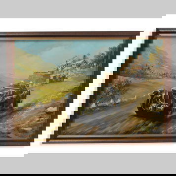 1459- MG RACING PAINTING: 40x28 inches. 41x34 inches.Entitled "Mille Miglia 1933" the original artwork by Dion Pears depicts Count Lurani in a MG K3 Magnette (#39). Mr Ponder purchased the artwork at the historic Briggs Cunnin