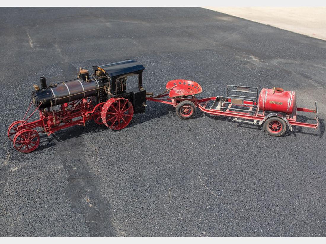 Avery Tractor Live Steam Engine, Seat, and Tank Car: Avery Tractor Live Steam Engine, Seat, and Tank Car - 122 in. × 23½ in. × 19 in. Produced by Warren Taylor of Kansas City, Missouri, this beautifully crafted scale model was engineered to be fully