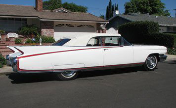 1960 Cadillac Eldorado Convertible: Specifications: 345bhp, 390 cu. in. V8 engine with triple Rochester carburetor setup, column shift Hydramatic automatic transmission, independent front suspension with leaf spring rear suspension, fou