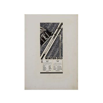 Original Castrol Oil Advertising Designs: W.E. TrevithickOne of a kind period mock-ups created for 1930s Castrol Oil advertising. Condition : A, surface soiling, adhesive residue and discoloration on background, not extending into image area.