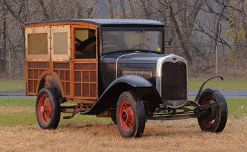 1930 Ford Model A Woodie Wagon: Specifications: 40bhp, 200.5 cu. in. 4-cylinder inline L-head engine, 3-speed manual transmission, solid front axle with transverse semi-elliptic leaf spring, live rear axle with transverse semi-ellip