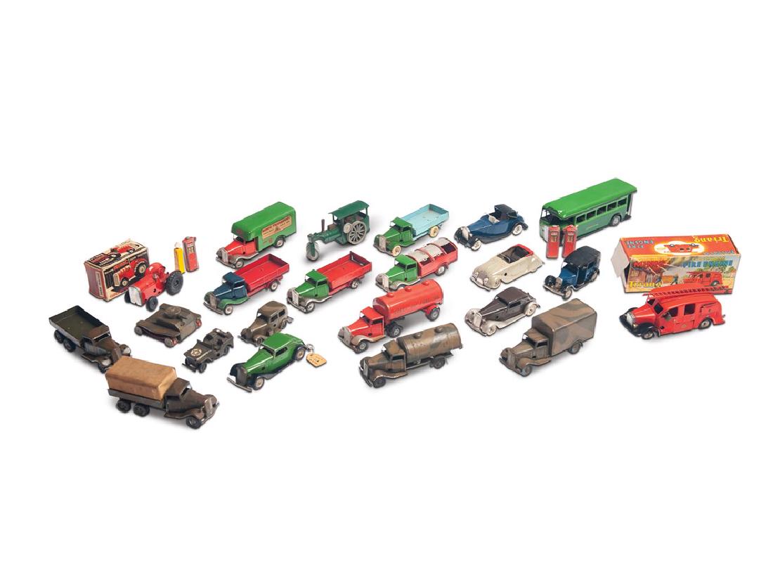 Minic Toy Car Collection: Minic Toy Car Collection Includes military assortment, boxed fire engine, and fuel trucks.