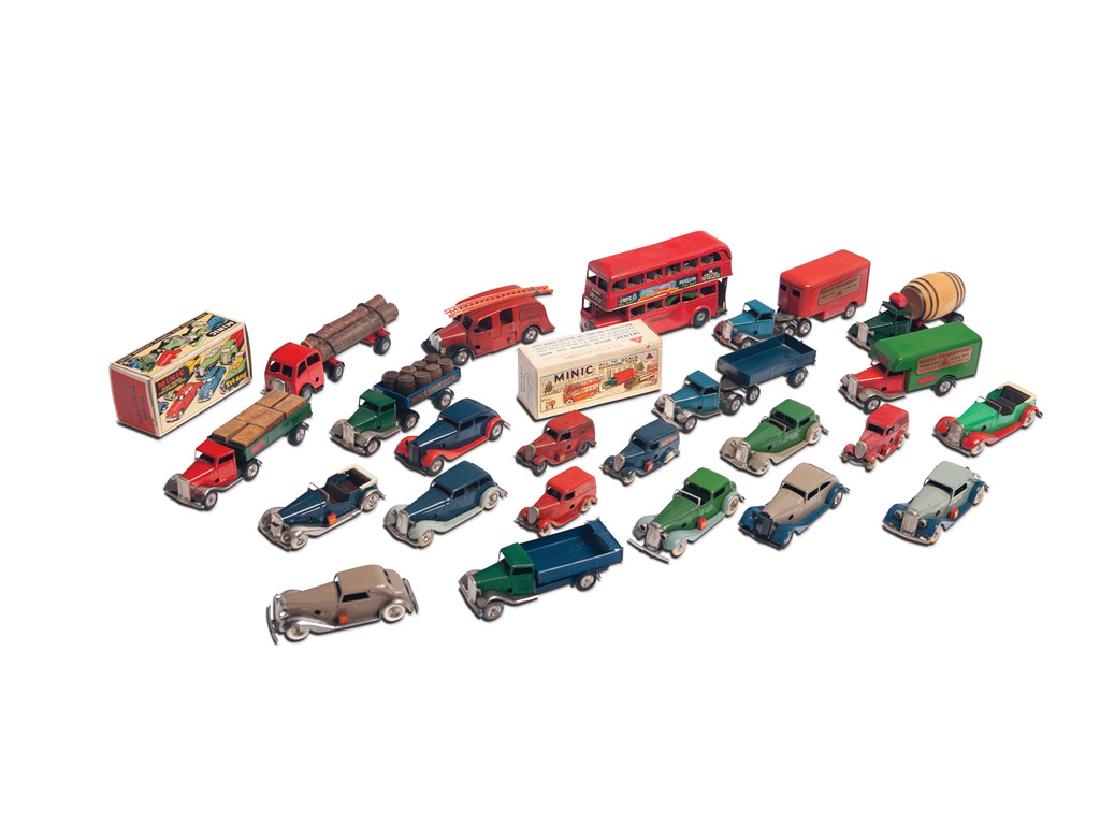 Minic Toy Car Collection: Minic Toy Car Collection Includes pre-war cars, transport trucks, and double-decker bus.