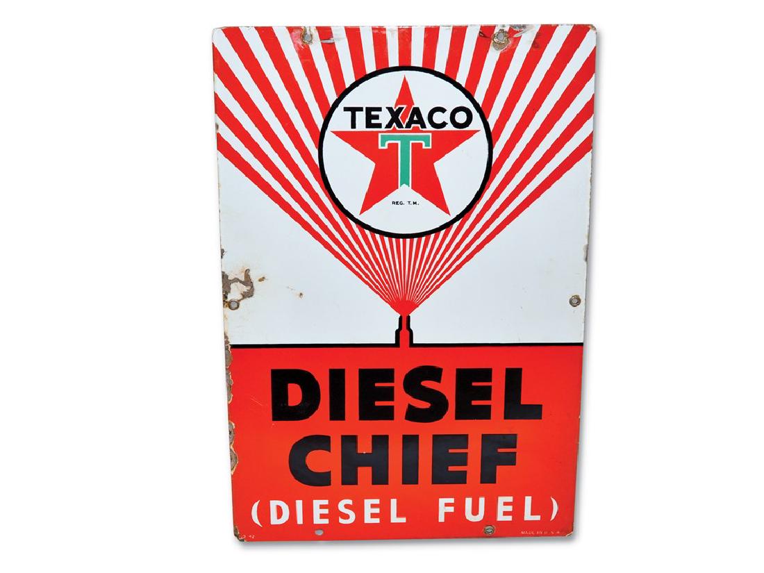 Texaco Wide Spray Diesel Chief Sign: Texaco Wide Spray Diesel Chief Sign SSP 1942 Condition: 8 18 × 12 in. TAC no. 021718 This SSP sign has good gloss and color. The white is very lightly rust stained and it has chips and crazing in the