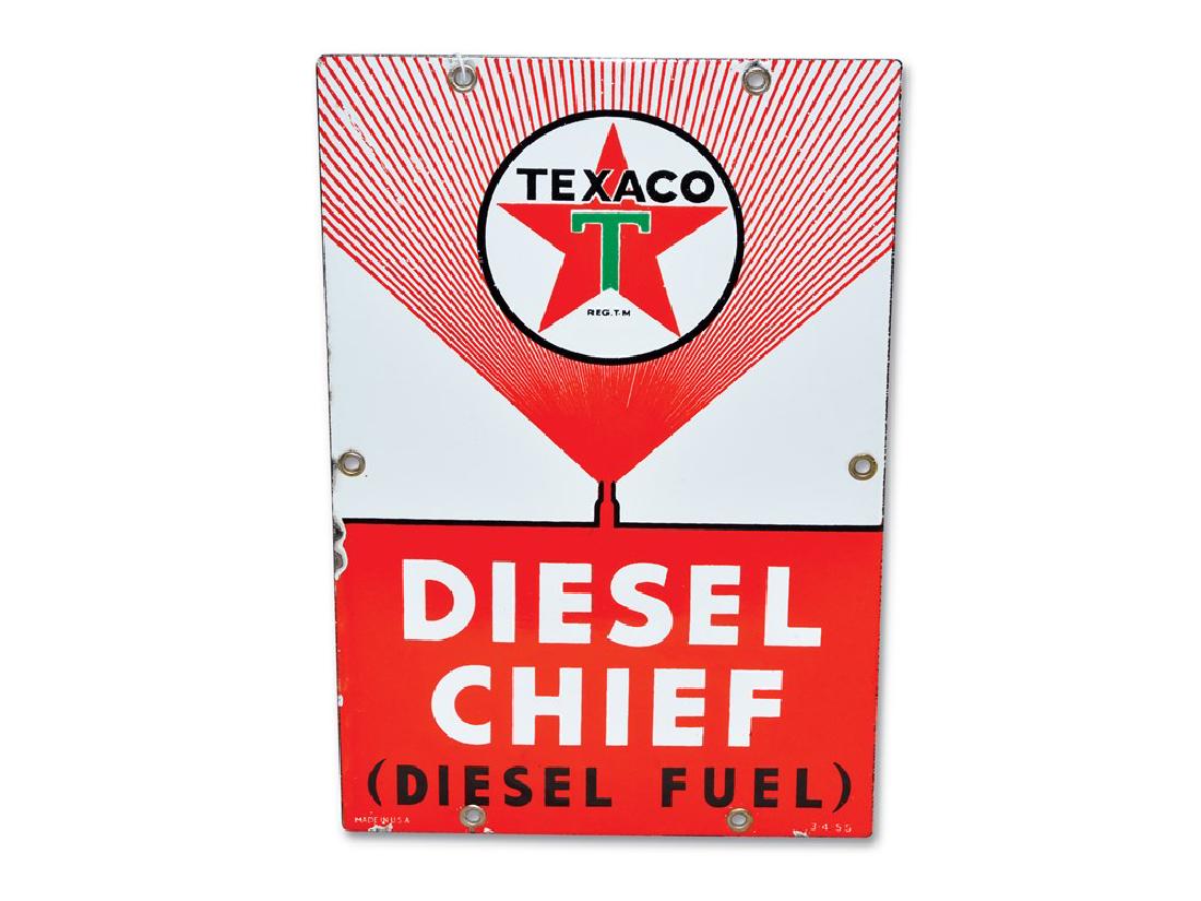 Texaco Diesel Chief Sign: Texaco Diesel Chief Sign SSP 1955 Condition: 8.9 12 × 8 in. TAC no. 021720 This SSP sign has excellent gloss and color. The field is clean and it has small chips around the perimeter. Marked Made in 