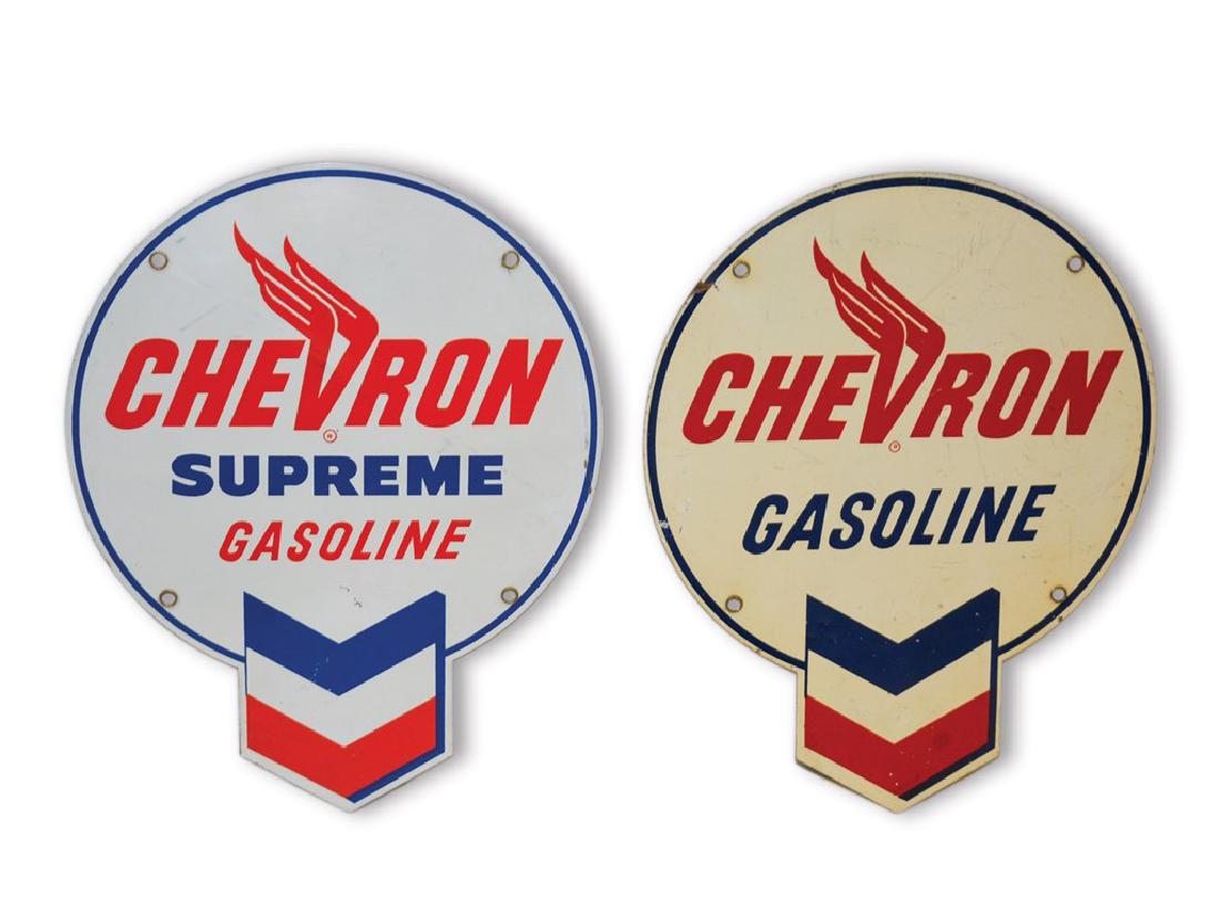 Two Chevron Gasoline Pump Signs: Two Chevron Gasoline Pump Signs SST die cut Condition: 7 14 × 11 in. Both signs have wear and scratches. The Supreme sign has a crease.