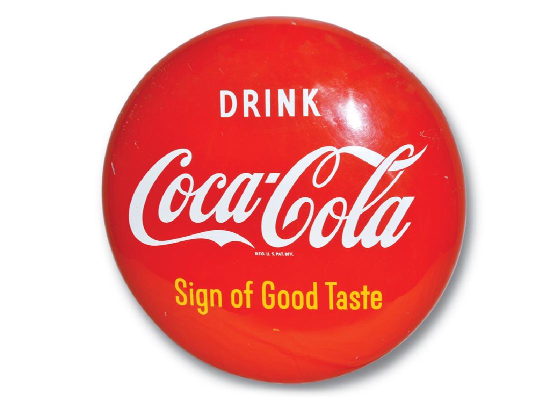 Drink Coca-Cola "Sign of Good Taste" Button Sign: Drink Coca-Cola "Sign of Good Taste" Button Sign SST Condition: 8.5 24 in. dia. TAC no. 015646 Has very good color and shine and some light wear.