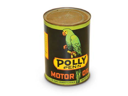 Polly Penn Motor Oil Can: Polly Penn Motor Oil Can MetalCondition: 8.9TAC no. 020205 An empty quart round metal can with a soldered seam.