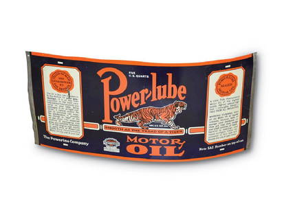 Power-Lube Motor Oil Can: Power-Lube Motor Oil Can MetalCondition: 8.9TAC no. 020200 A five quart metal can which has been disassembled. This can is in very good condition.