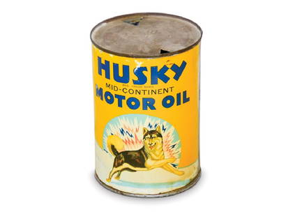 Husky Motor Oil Can: Husky Motor Oil Can MetalCondition: 7.5TAC no. 020201 An empty quart round metal can. It has good color, light wear and scratches, and a soldered seam.