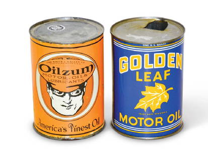 Oilzum and Golden Leaf Motor Oil Cans: Oilzum and Golden Leaf Motor Oil Cans MetalCondition: 7TAC no. 020204, 020206 An empty quart round metal can with light wear and scratches.