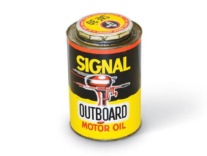 Signal Outboard Motor Oil Can: Signal Outboard Motor Oil Can MetalCondition: 9TAC no. 020207 An empty quart round metal can. It shows some light wear.