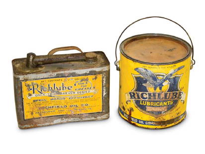 Richlube Motor Oil Half-Gallon Flat and Five Pound: Richlube Motor Oil Half-Gallon Flat and Five Pound Grease Bucket Condition: 6, 7 Both have wear, scratches, and dings.