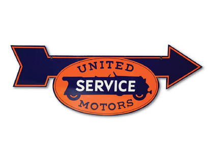 United Motors Service with Touring Car Arrow Sign: United Motors Service with Touring Car Arrow Sign PorcelainCondition: 9+17 × 42 in.TAC no. 013533 DSP diecut arrow sign. It has excellent gloss and color with minor wear.