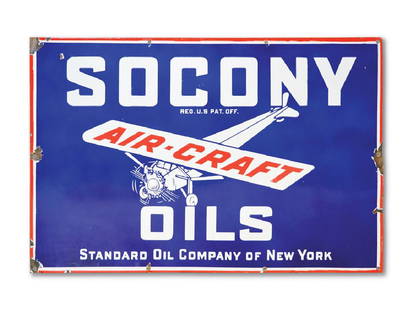 Socony Air-Craft Oils with Plane Logo Sign: Socony Air-Craft Oils with Plane Logo Sign PorcelainCondition: 8.520 × 30 in.TAC no. f020194 SSP sign. It has very good gloss and color. The field is clean with chips around the perimeter.