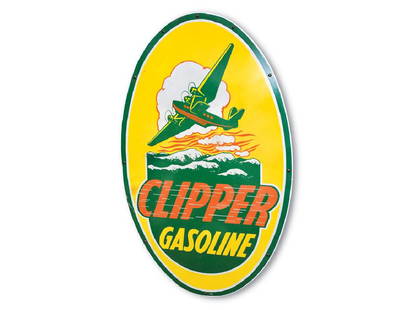 Clipper Gasoline with Plane Sign: Clipper Gasoline with Plane Sign PorcelainCondition: Restored60 × 36 in.TAC no. 013746 SSP oval sign. It has been professionally restored.