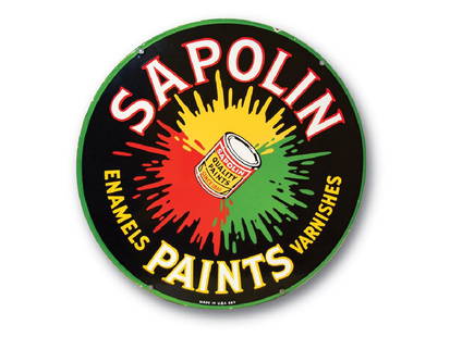 Sapoline Enamels Paints Varnishes Sign: Sapoline Enamels Paints Varnishes Sign PorcelainCondition: 9.526 in. dia.TAC no. 013660 DSP sign. It has excellent gloss and shine.