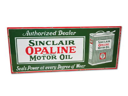 Sinclair Opaline Motor Oil with Flat Can Logo Sign: Sinclair Opaline Motor Oil with Flat Can Logo Sign PorcelainCondition: 920 × 48 in.TAC no. 020193 SSP sign. It has excellent gloss and color. The field is clean with tiny chips around the perimeter.