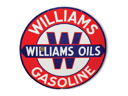 Williams Oils Gasoline Sign: Williams Oils Gasoline Sign PorcelainCondition: 8.7542 in. dia.TAC no. 013685 DSP sign. It has excellent gloss and color with a bullet hit. It is marked Veribrite.