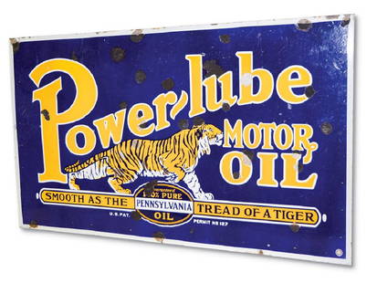 Power-Lube Motor Oil with Tiger Sign: Power-Lube Motor Oil with Tiger Sign PorcelainCondition: 736 × 60 in.TAC no. 022030 A large DSP sign. It has good color and gloss. It has touched up chips and scratches. The reverse has more chips.