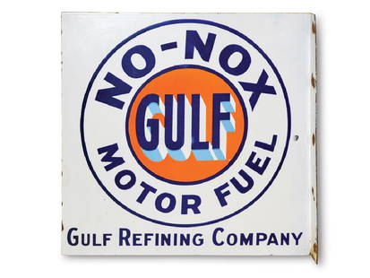 Gulf No-Nox Motor Fuel Sign: Gulf No-Nox Motor Fuel Sign Condition: 918 × 18 in. It has excellent gloss and color. The fields are clean and there are small chips near the flange.