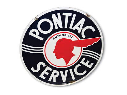 Pontiac Service with Wavy Lines and Full Feather Logo: Pontiac Service with Wavy Lines and Full Feather Logo Sign Porcelain Condition: 8.5 & 8.25 42 in. dia. TAC no. 013679 DSP sign. It has very good gloss and color. It has small chips in the fields and l