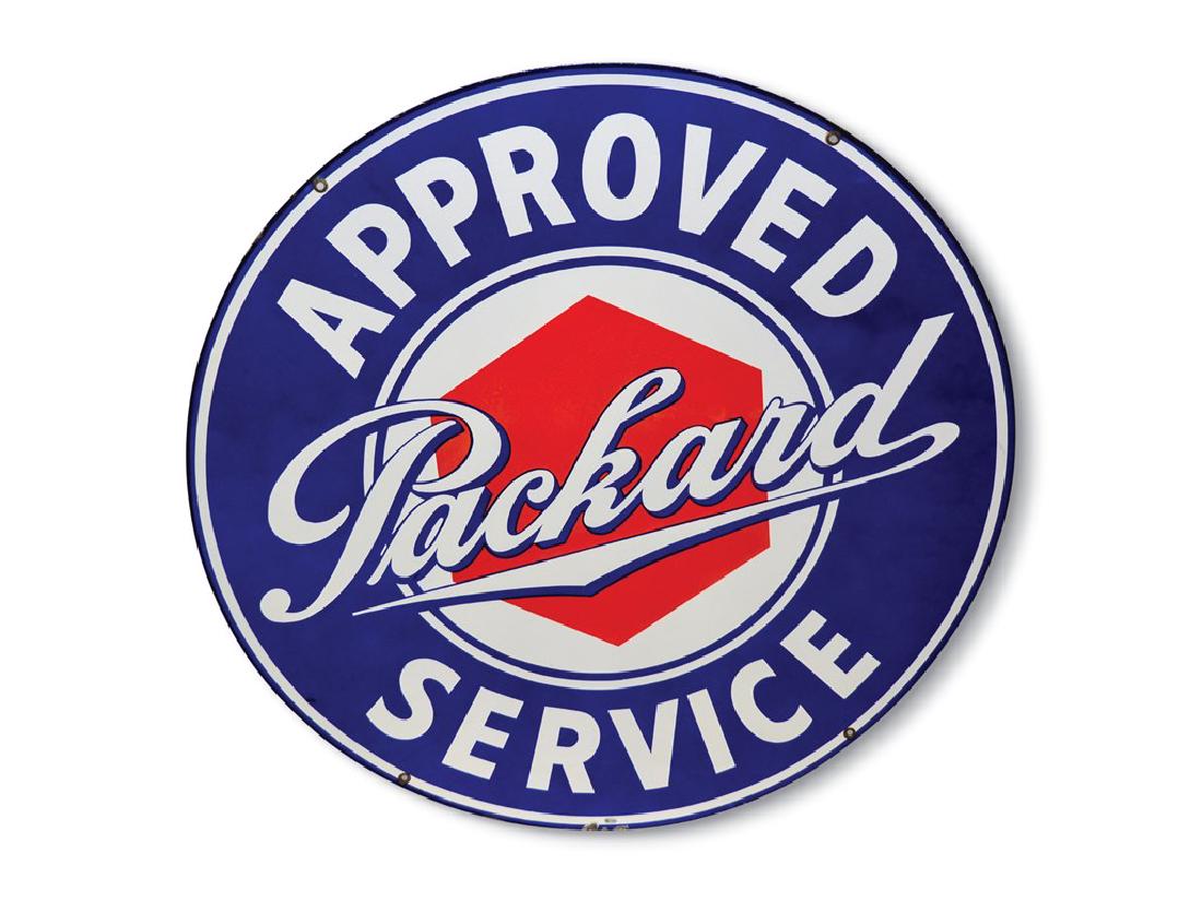 Packard Approved Service Sign: Packard Approved Service Sign Porcelain Condition: 8.5 & 8 42 in. dia. TAC no. 013686 DSP sign. It has good gloss. The display red is faded slightly and the reverse is faded more. It is marked Walker 