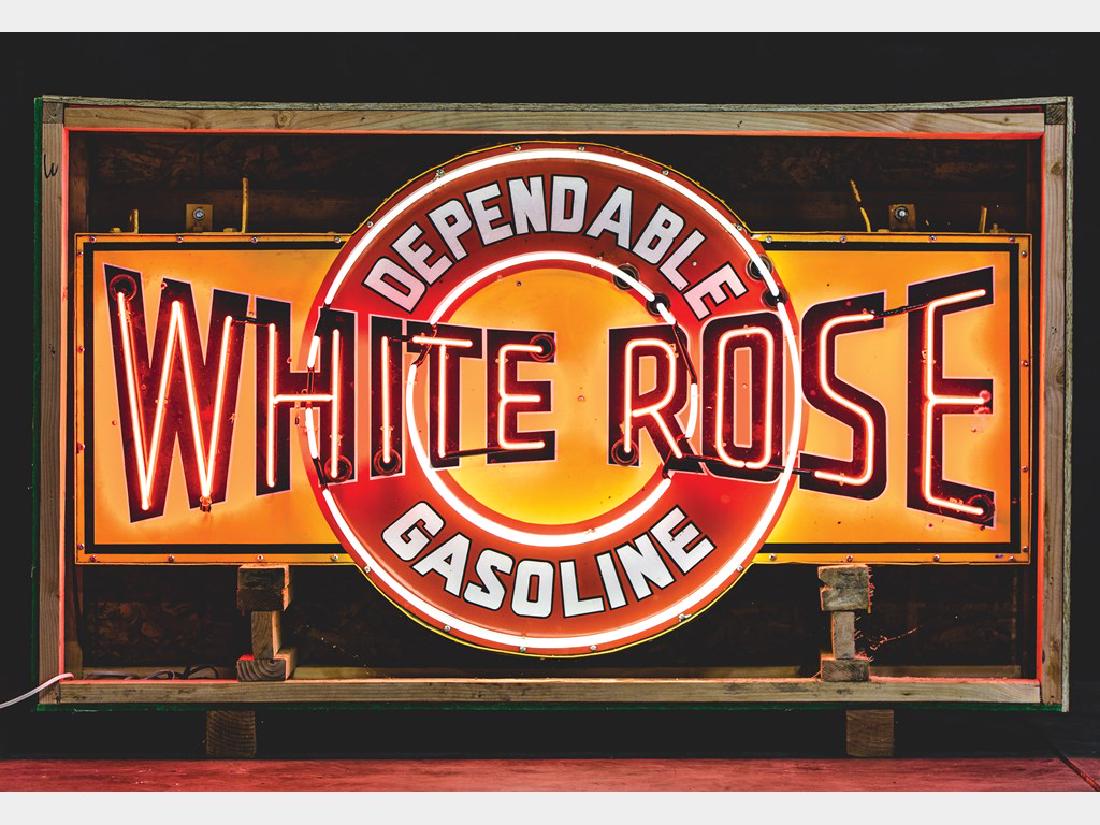 White Rose Dependable Gasoline Neon Sign: White Rose Dependable Gasoline Neon Sign Porcelain Condition: 8.5 40 × 71 in. TAC no. 013529 SSP diecut neon sign. It has very good gloss and color with a few tiny chips in the field. Crated.