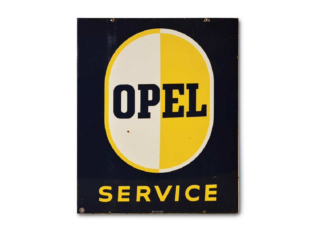 Opel Service Sign: Opel Service Sign DSP Condition: 9 & 8.75 36 × 30 in. TAC no. 021125 This has very good color and gloss. The display is clean. The reverse has one chip in the field. Marked Walker & Co.
