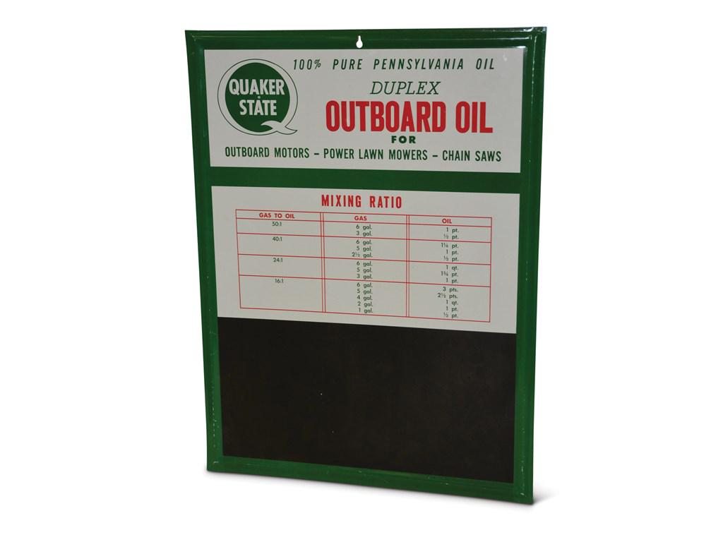"Quaker State Duplex Outboard Oil" Chalkboard Sign: "Quaker State Duplex Outboard Oil" Chalkboard Sign SST self-framed Condition: 9 23.5 × 17.5 inches has excellent shine and color, light wear around the perimeter, marked on back Parker Metal Decorati
